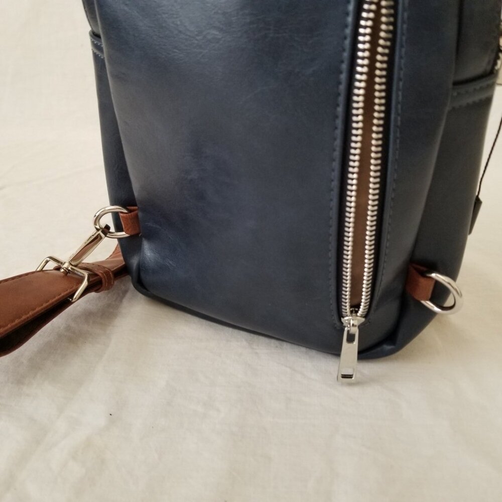 NWT! WestBronco Dark Blue and Brown Faux Leather Crossbody Shoulder Sling Bag - Picture 9 of 11